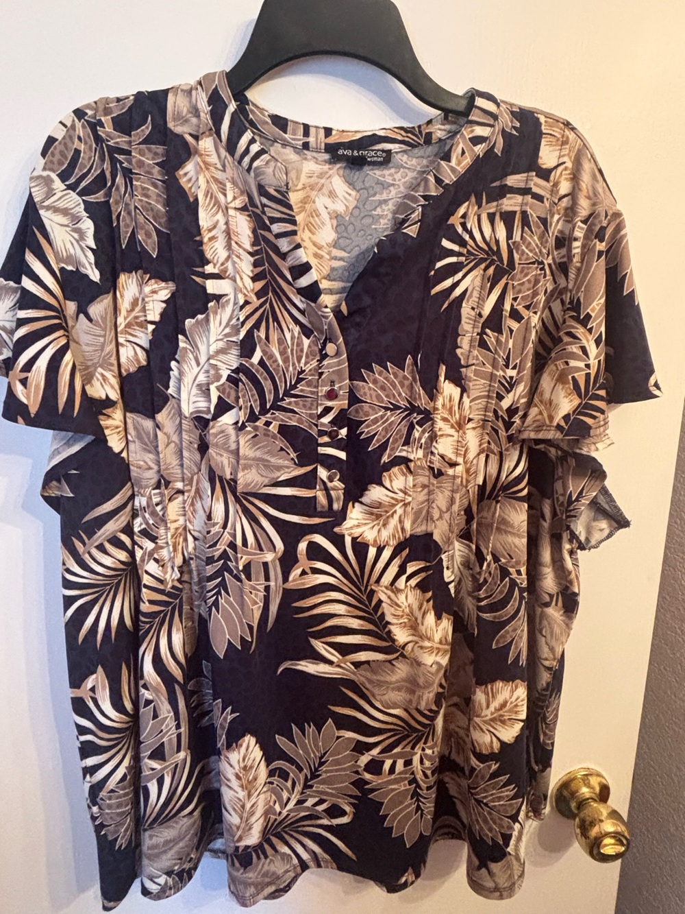 Ava & Grace Navy Leaf-Print Short Sleeve Button Henley